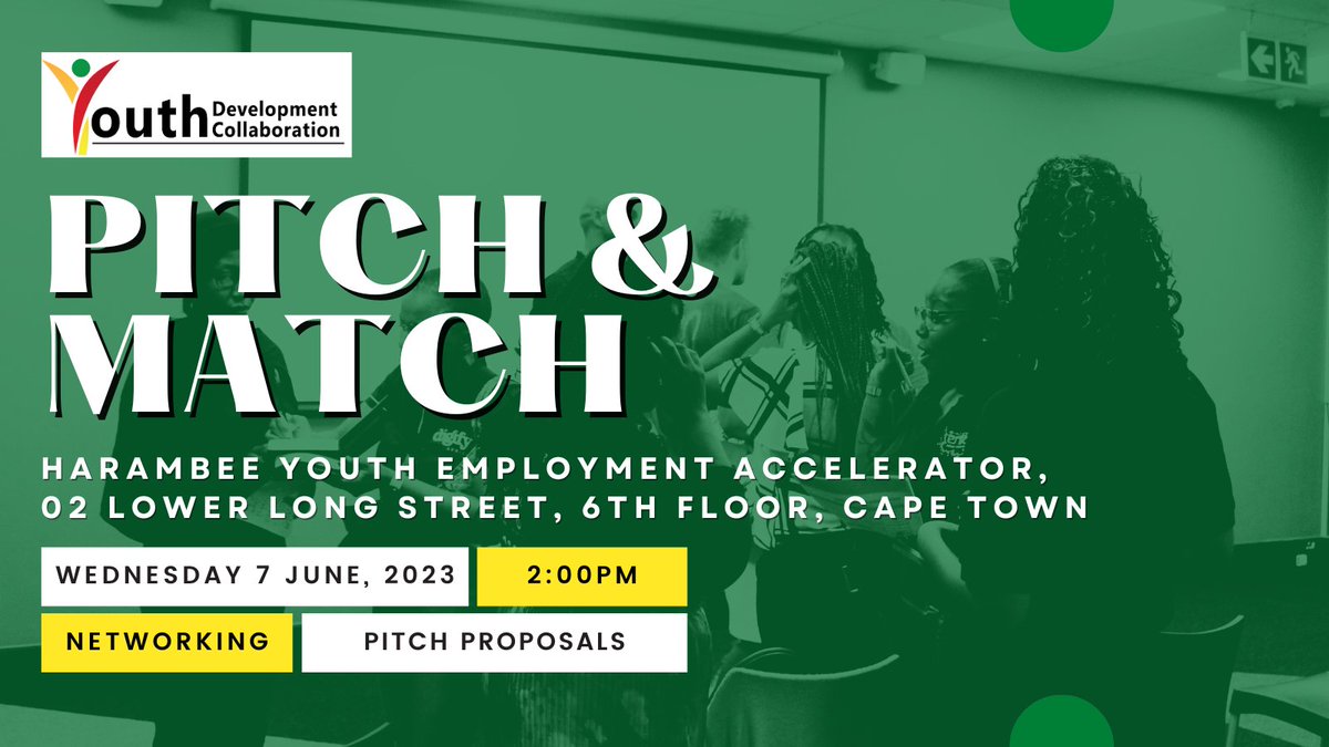 YDCoLabZA's tweet photo. 📢 Join us for the 2nd Pitch &amp; Match session in Cape Town on 7 June 2023!

Discover the power of collaboration, networking, and relationship building with #PitchAndMatch
Register now: https://t.co/yHOaPnscrd

Let's ignite connections and drive collaboration! #PitchAndMatch https://t.co/shgGuAdprR