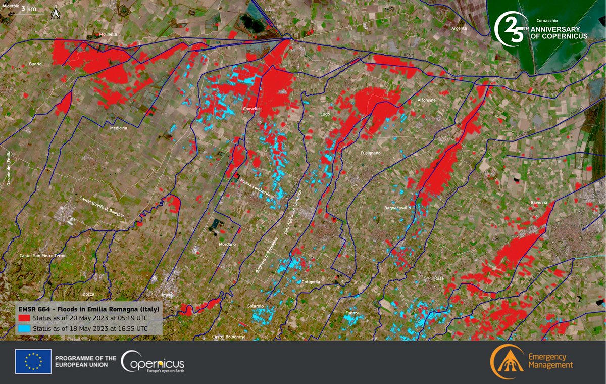 #ImageOfTheDay

Historical #floods have hit #Italy🇮🇹 causing 14 casualties & widespread destruction in #EmiliaRomagna

➡️~1 million people have been affected
➡️The #EUCivilProtectionMechanism has been activated
 
⬇️#dataviz of the flooded areas near #Lugo from @CopernicusEMS data