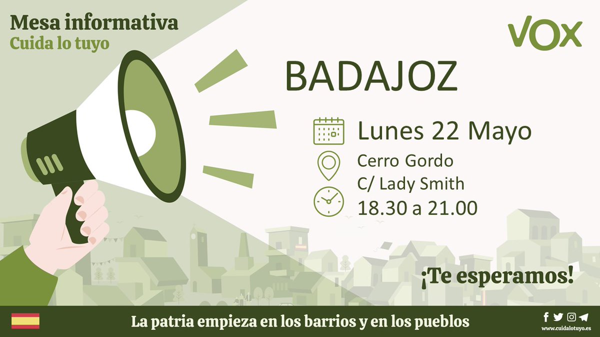 Vox_BadajozCiud's tweet photo. ✅ Esta tarde nuestro candidato a la alcaldía @MAmarillaPerez estará presente en la mesa informativa ubicada en Cerro Gordo.

📍 C/ Lady Smith, 19
⌚ De 18.30 a 21.00

#CuidaLoTuyo 
#VotaSeguro https://t.co/tl6bvQnT8M