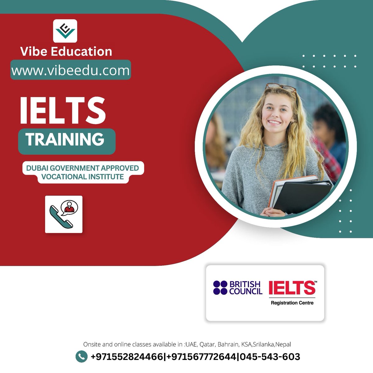 IELTS TRAINING 
Dubai Government Approved Vocational Institute 
Onsite and online classes available in :UAE, Qatar, Bahrain, KSA,Srilanka,Nepal
+971552824466|+971567772644|045-543-603

#uaeeducation  #dubaieducation #bahraineducation #IELTS #IELTSDUBAI #dubai #vibeeducation