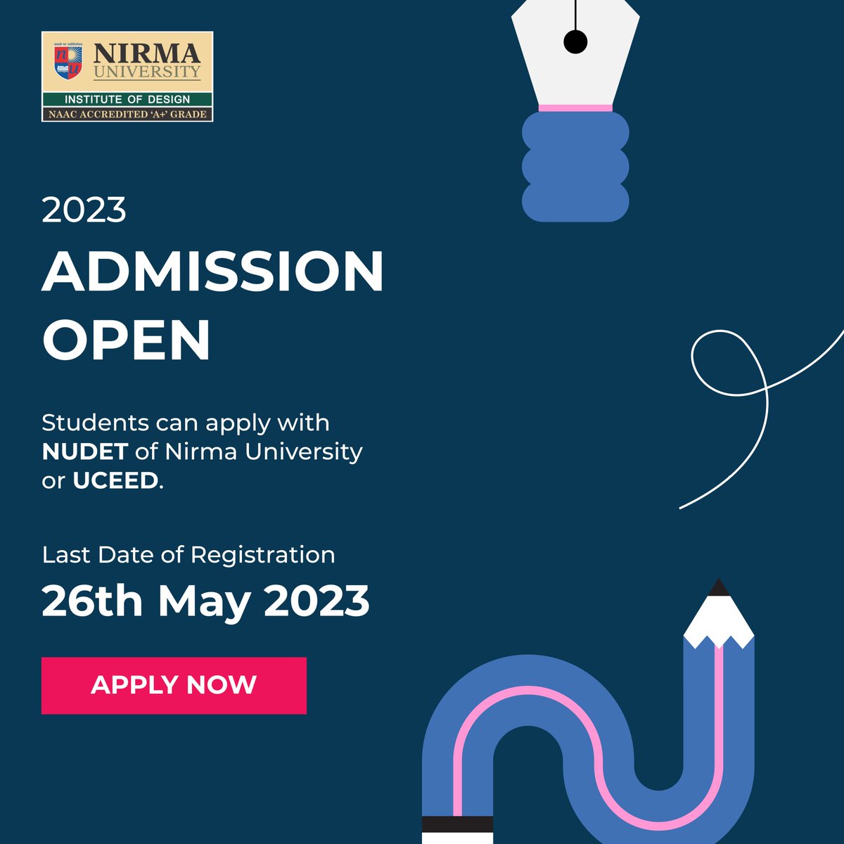 IDNUOfficial's tweet photo. Institute of Design, Nirma University
Admission Open
Design aspirants can apply through NUDET and UCEED.
Last Date of Registration
26th May 2023
#design #NUDET #DesignEntrance #UCEED #Bdes #CommunicationDesign #productdesign #interactiondesign https://t.co/IssyjU3JnC
