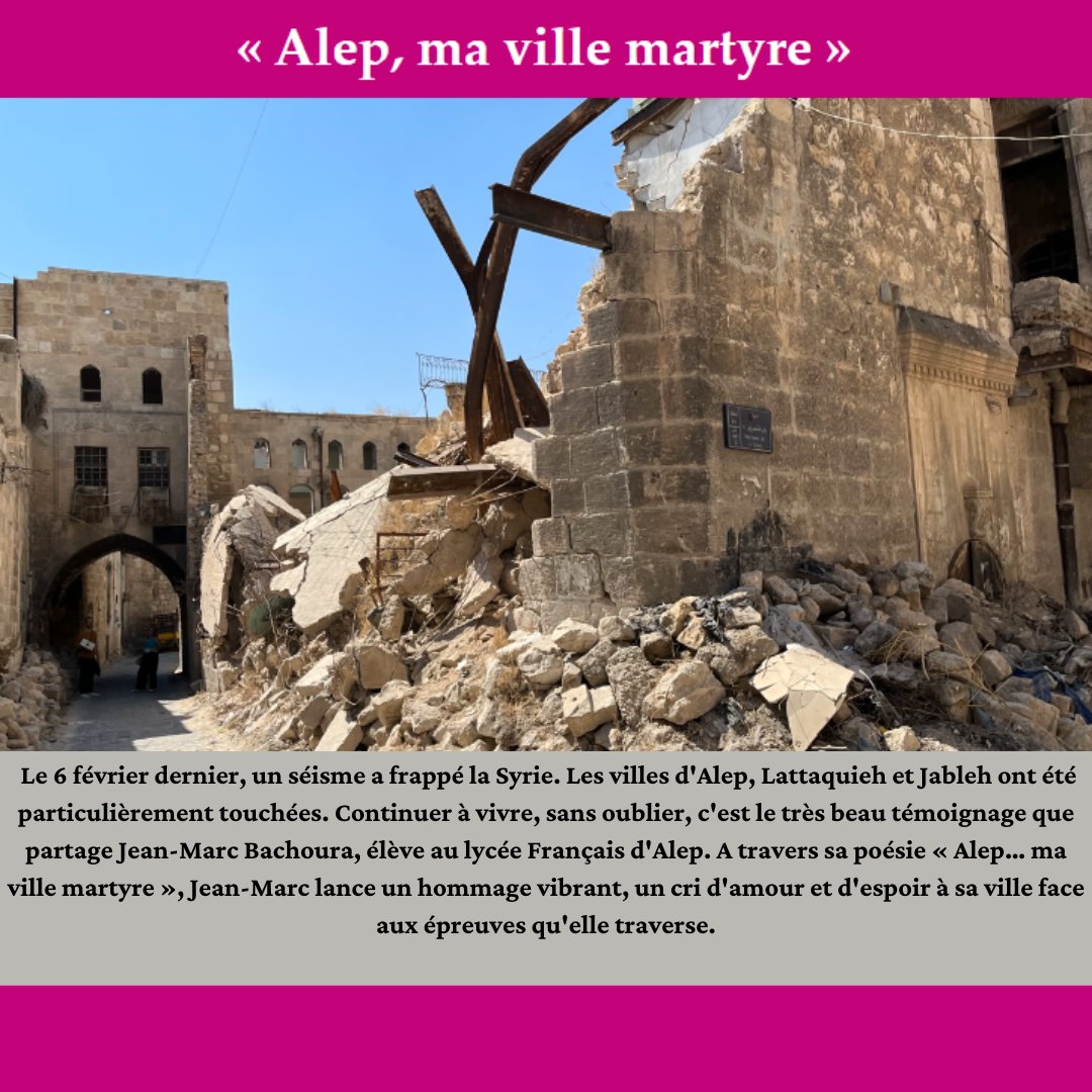 « Alep, ma ville martyre » à travers sa poésie, Jean-Marc, élève au lycée français d'Alep, lance un hommage vibrant, un cri d'amour et d'espoir à sa ville face aux épreuves qu'elle traverse.

Découvrez le poème : heritagecivilisation.net/.../alep-ma-vi…...

#poesie #Alep