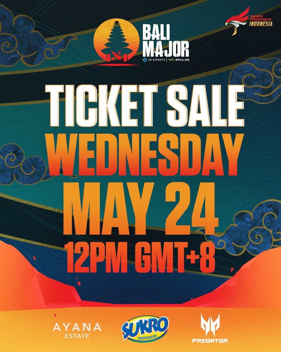 Ticket sales for the Bali Major go live on the 24th of May😱  

📌📌 PIN THE DATE 📌📌
 
Limited tickets available, so you don't want to miss out! 

#WhereLandMeetsSea #Dota2 #Esports