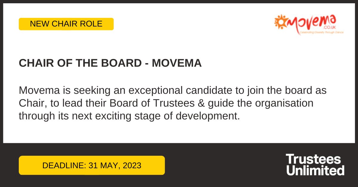 *** NEW CHAIR ROLE ***

@Movema is seeking a Chair of the Board of Trustees.

Deadline: 31 May

More info: ow.ly/61kh50OkfxC

#Leadership #Governance #CharityTrustee #TrusteeRole #Trustee #Trusteeship #Volunteer #CharityBoard #TrusteeBoard #TrusteeBoards #CharityJob