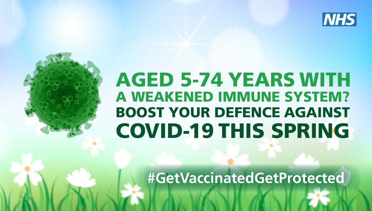 North East and North Cumbria NHS (@nenc_nhs) on Twitter photo Age 5-74 with a weakened immune system?
Boost your defence against COVID-19 this spring.💉
Make sure you and your loved ones get any extra protection you need this spring.🌼
Get vaccinated – Get protected! Age 5-74 with a weakened immune system?
Boost your defence against COVID-19 this spring.💉
Make sure you and your loved ones get any extra protection you need this spring.🌼
Get vaccinated – Get protected!