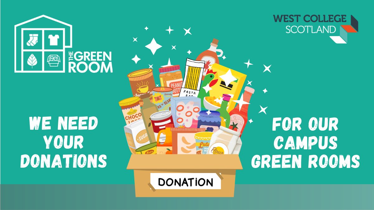 Our Green Rooms are running low on stock! 
Any donations of non-perishable food items are much appreciated.💚
Please note we are no longer accepting clothing items. 
Drop-off Locations:
Clydebank – Room 008
Paisley - Room 107
Greenock – Ardgowan 3
Waterfront – Canteen