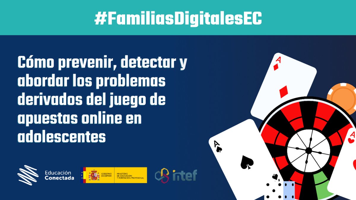 Carmenescarate's tweet image. 📲#FamiliasDigitalesEC: Cómo prevenir, detectar y abordar los problemas derivados del juego de apuestas online en adolescentes.
📅Del 24 de mayo al 2 de junio
⏱ 180 minutos
🎓Insignia @educaINTEF
📌Gratuito

👉🏻 mtr.cool/ymdflgtflc
#EducandoEnFamilia #EducaciónConectada