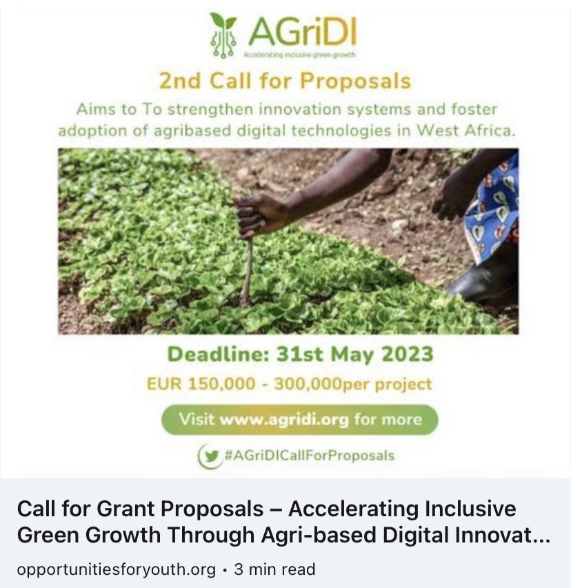 Great opportunity on #digitalagriculture innovations!
#AGrDI #Call4Proposals – Accelerating inclusive #green growth through agri-based digital innovation in West Africa (AGriDI) 🌿 . 🔗 LINK: bit.ly/3LxaUKq
#D4ag #innovation #africa #opportunity #growth #community