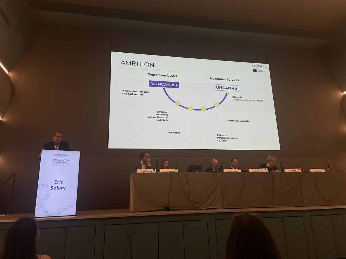 Eric Solary <a href="/Inserm/">Inserm</a> the #UNCAN_eu project coordinator is presenting some of the project’s initiatives such as the European Federated Cancer Research Data Hub #CancerResearch