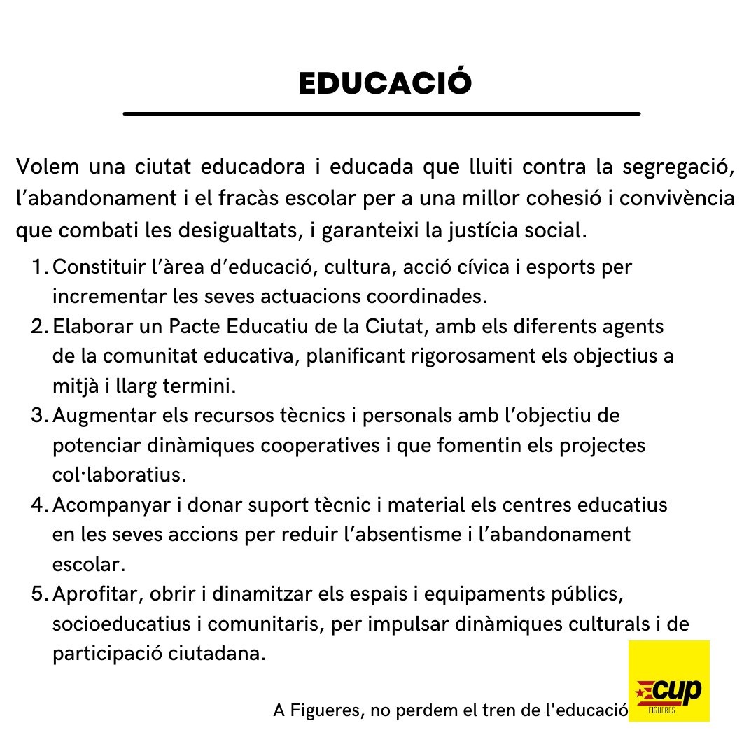 EDUCACIÓ

Volem una ciutat educadora i educada que lluiti contra la segregació, l’abandonament i el fracàs escolar per a una millor cohesió i convivència que combati les desigualtats, i garanteixi la justícia social.

#figueres #NoPerdemElTren #cupfigueres #Municipals2023