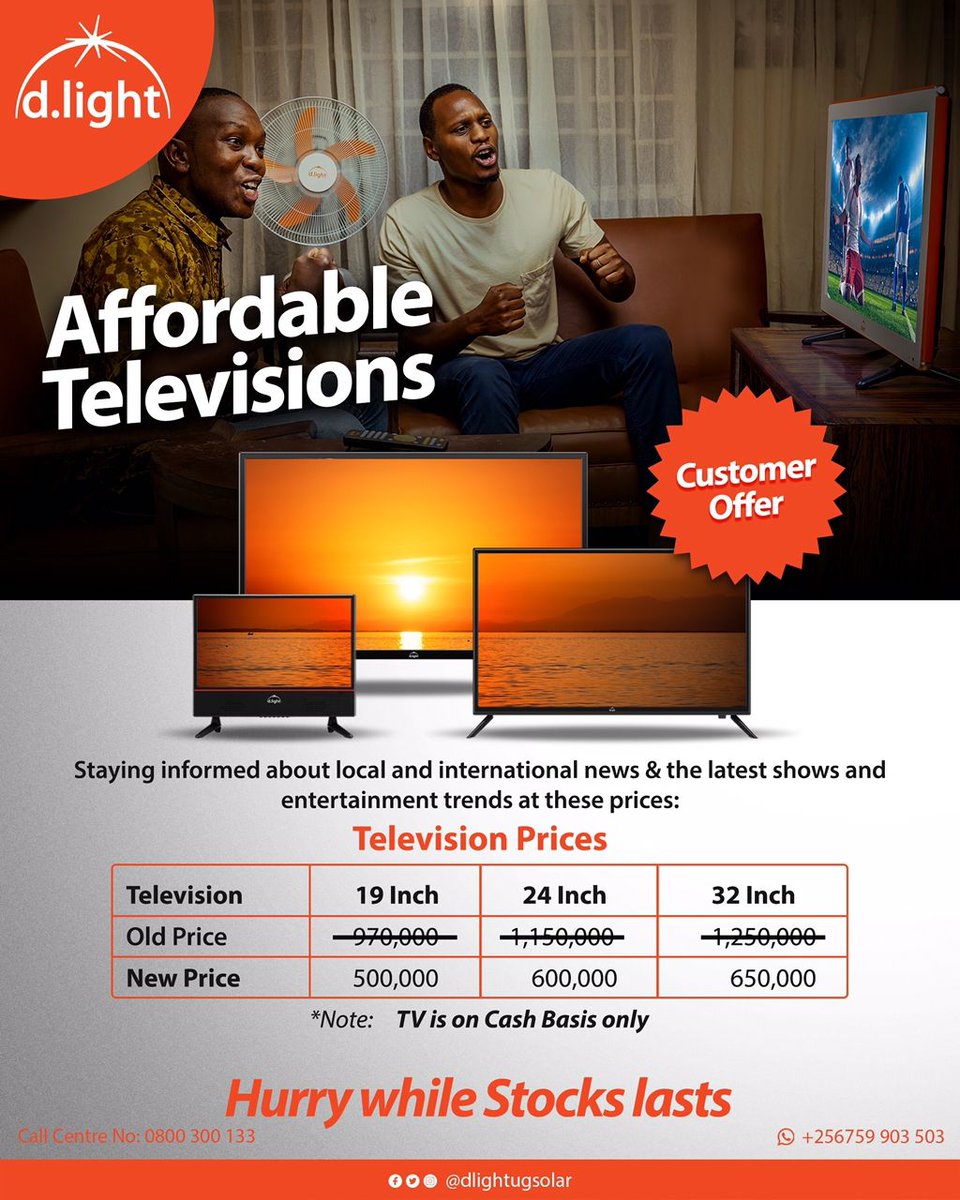 DJStewartPundit's tweet photo. Get yourself a 32 inch television from @DlightUgSolar at only 650,000shs and stay informed!!! Only cash is allowed. 
#CustomerOffer
#Dlight https://t.co/Hydbxwvwwk