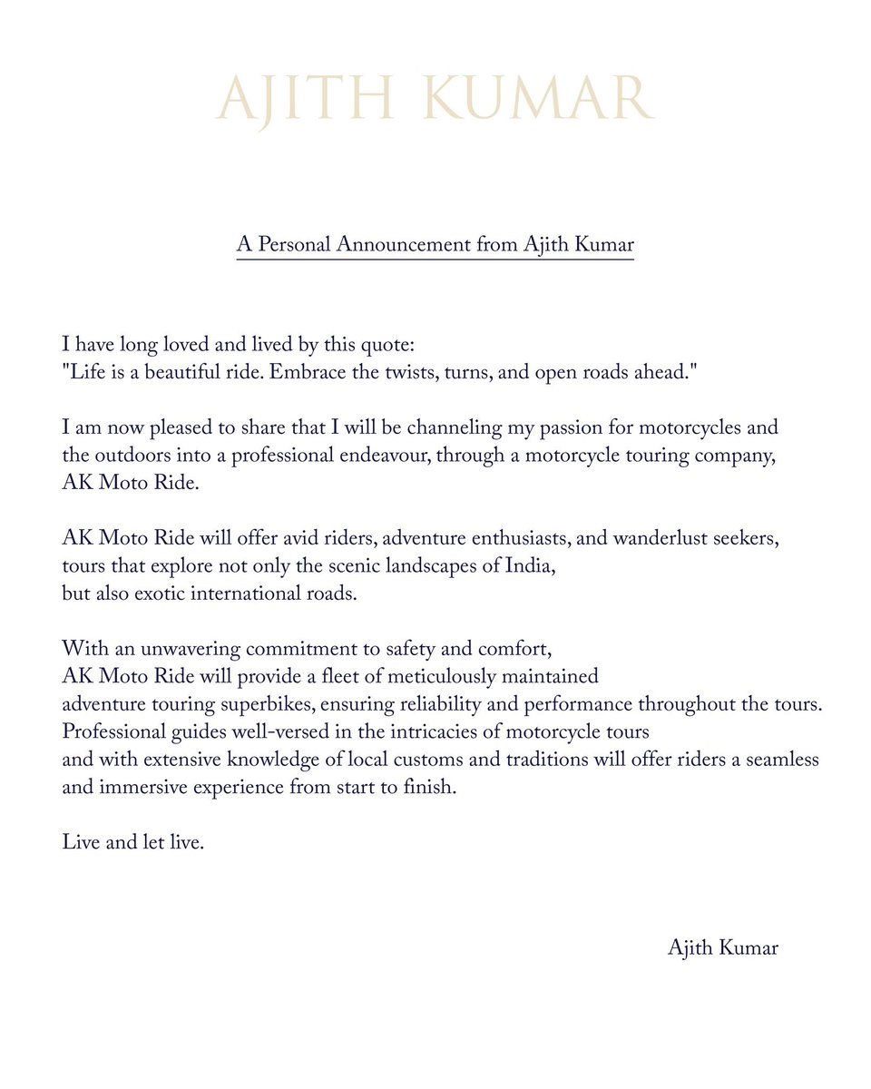 filmcrazymedia's tweet image. #AKMOTORIDE Statement from #Ajithkumar 🏍️

#ajithkumarworldtour