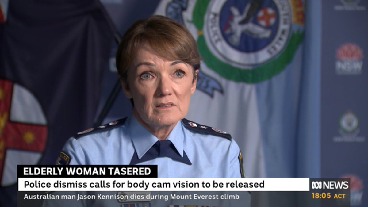 THE_Russell's tweet photo. NSW police commissioner dances around why she will not view nor release the bodycam vision of the brutal police taser attack on a 95 y.o. woman, causing her skull to be fractured and so badly injuring her that she is now receiving end of life care.
#auspol #NSWpol #DisarmPolice https://t.co/3c1PCPhx9s