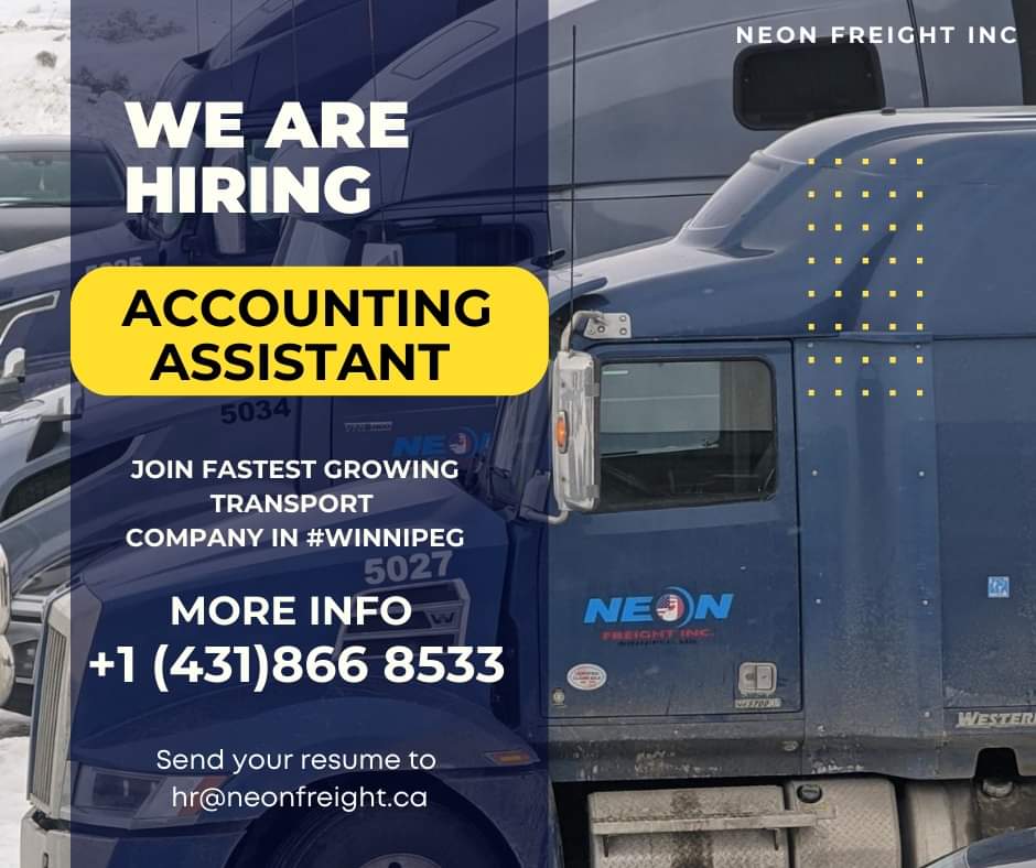 NeonFreightinc's tweet photo. Transportation Services in #Winnipeg #CANADA

We're Hiring Urgent #NeonFreight #Inc
Accounting Assistant 

Please share your CV at hr@neonfreight.ca
call us at +1 (431)866 8533 or 204 560 6600

#NeonFreightInc #TruckingJobs #Canada #CanadaJobs #TruckingJobsCanada #Accounting https://t.co/DCi0yX8eJi
