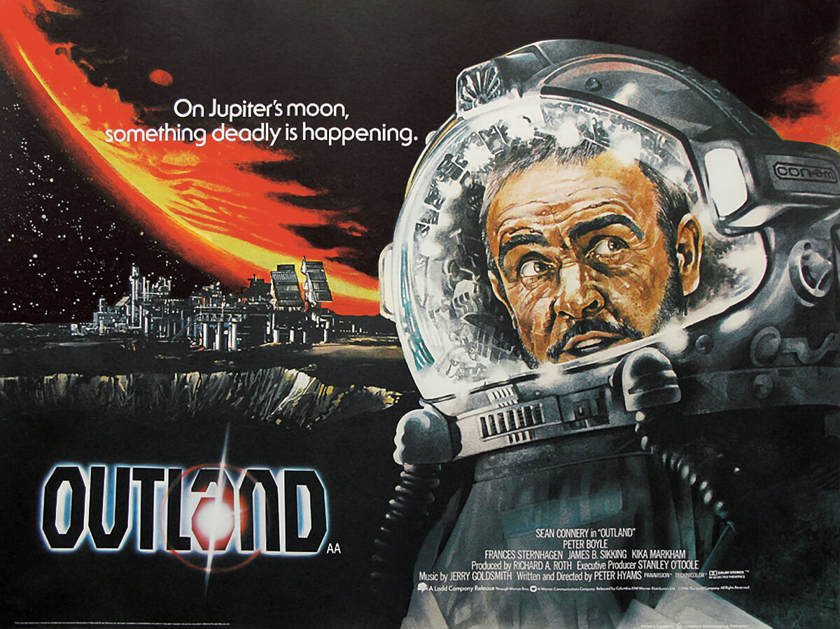 TheSpaceshipper's tweet photo. Peter Hyams' Outland was released 42 years ago today.

Both a thriller and a western in space, inspired by High Noon (1952), unofficially considered by many fans as part of the same universe as Blade Runner and Alien, Outland is really a little-known gem with Sean Connery. https://t.co/SWt2ch4ctN