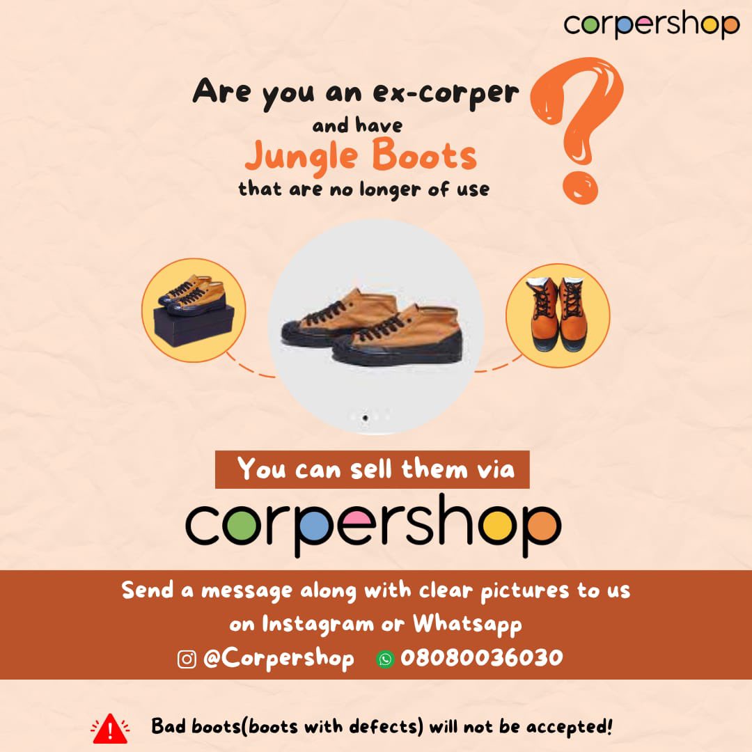 corpershop's tweet photo. Pass on the Adventure: Sell Your Used Jungle Boots to Fellow Corps Members. 

Note: Bad boots will not be accepted 😌💯💯

For more enquiries, kindly send us a dm or send us a WhatsApp message on 08080036030

#nysc | Dangote Refinery | Portable https://t.co/RIkl9DWzcR