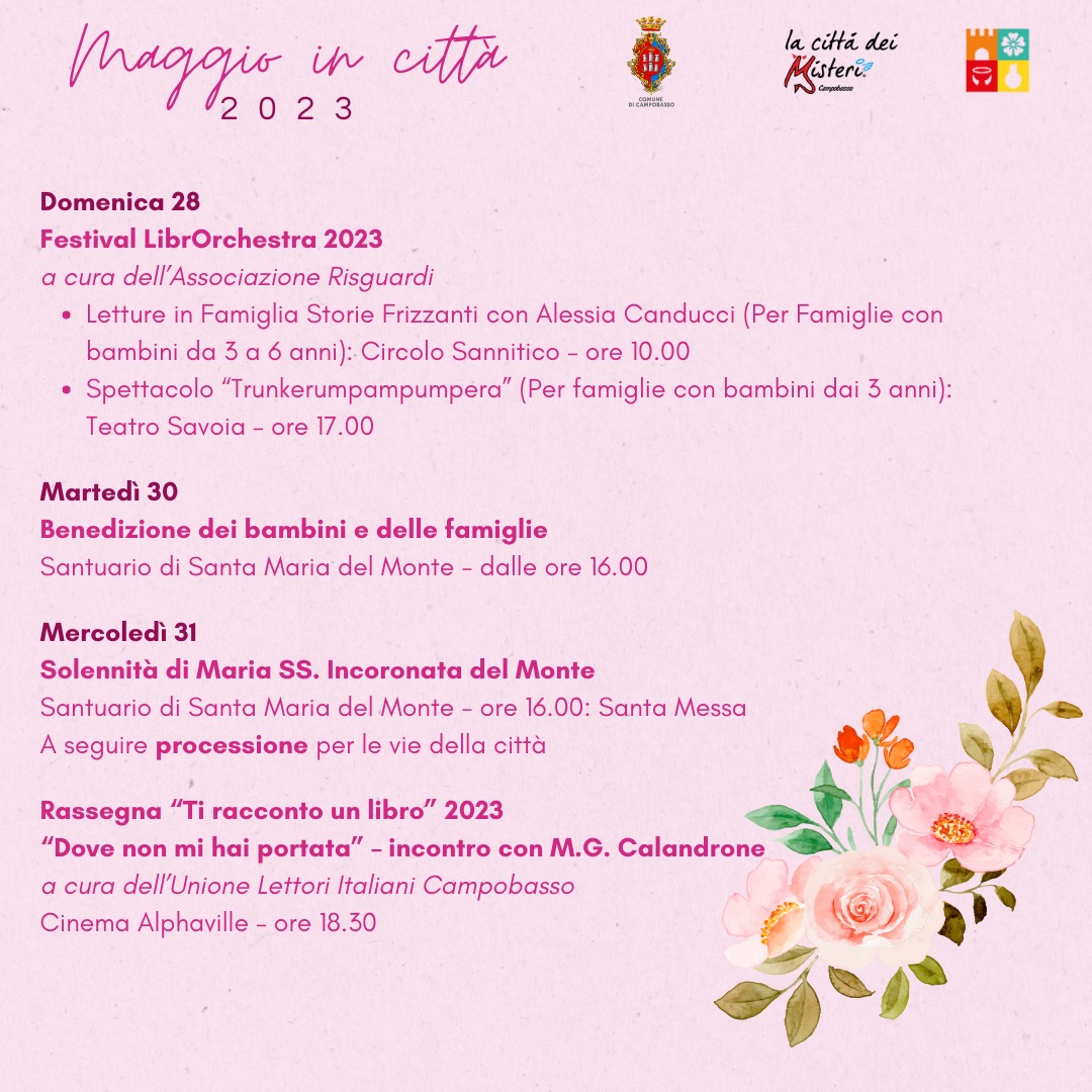 𝗖𝗼𝘀𝗮 𝗰’𝗲̀ 𝗱𝗶 𝗯𝗲𝗹𝗹𝗼 𝗶𝗻 𝗰𝗶𝘁𝘁𝗮̀?

Tutti i prossimi appuntamenti a #Campobasso ⬇️
visitcampobasso.it/events/maggio-…

#visitcampobasso #LaCittàdeiMisteri #Molise