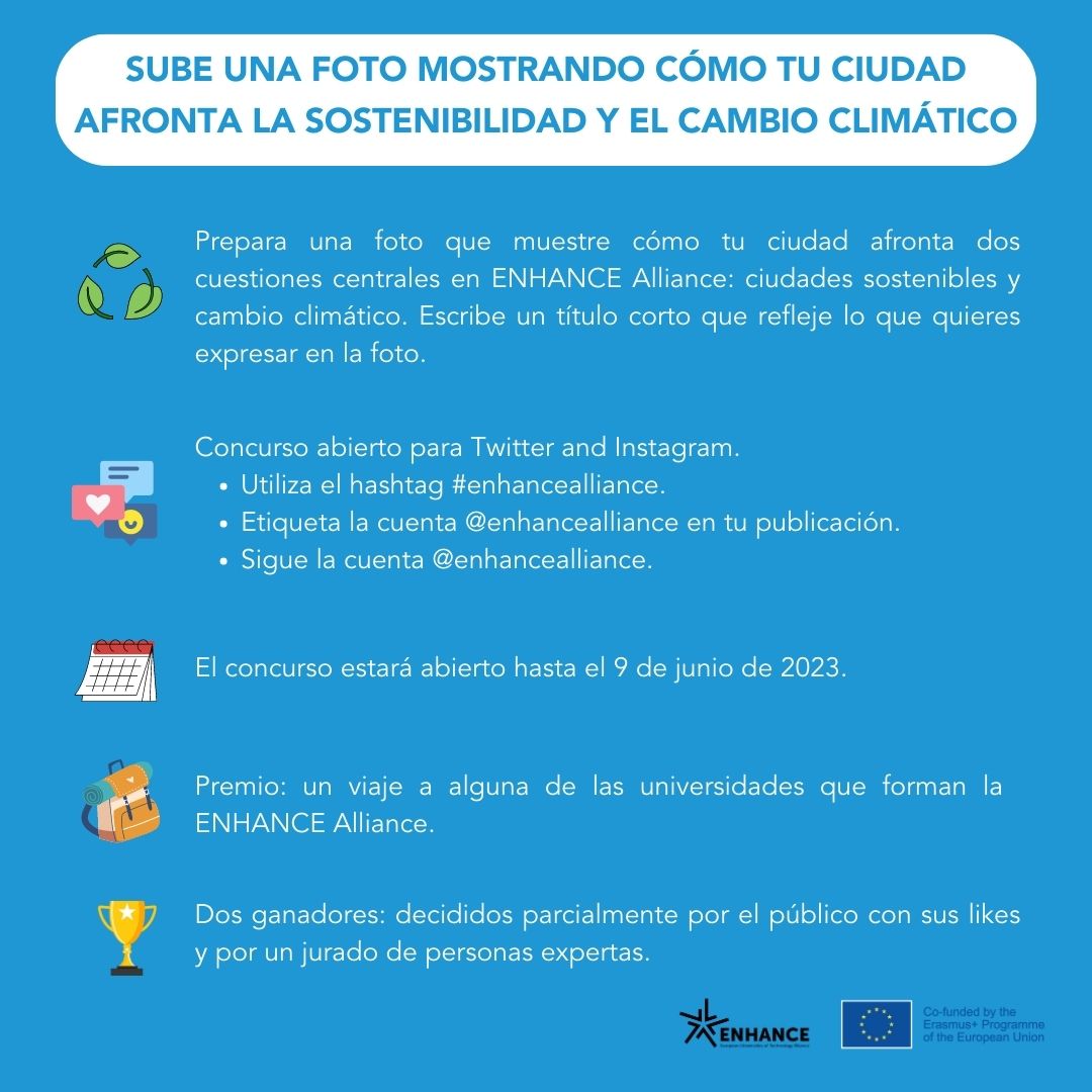 vlcasfer's tweet photo. ¡Participa en el concurso en📸redes sociales y gana un viaje🧳a la universidad @TUBerlin! Organizado por @ENHANCEAlliance, alianza universitaria en la que participa @UPV 
🔹Temática: sostenibilidad y acción climática en tu ciudad
Bases completas👇
🔗https://t.co/WWyI4c5xt0 https://t.co/IaRKszdc9v