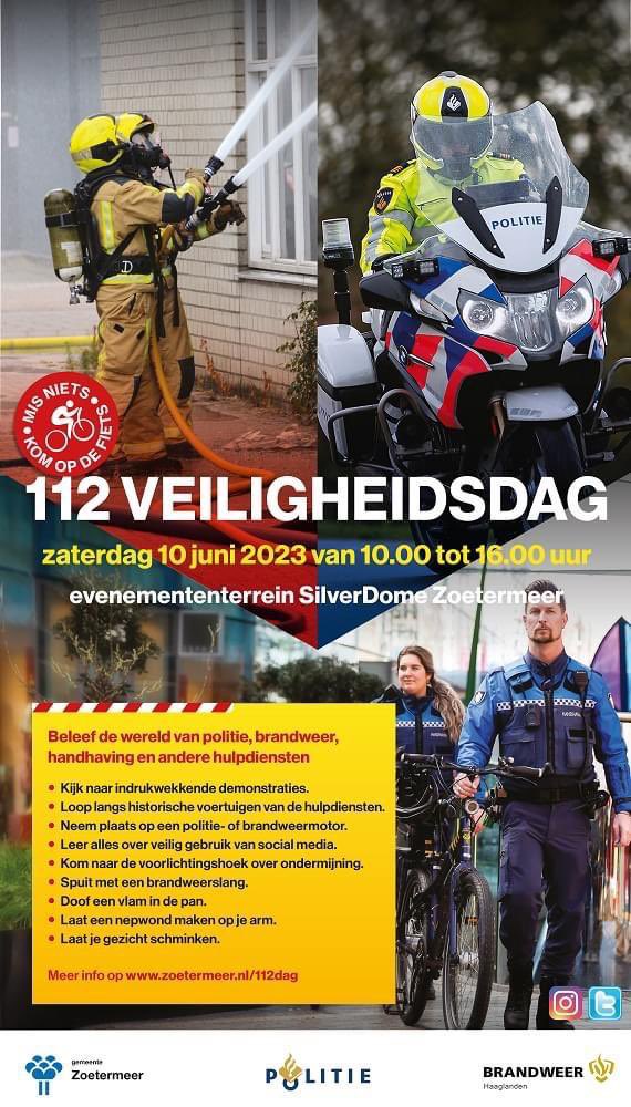 Over een paar weken is het zover! Dé 112 Veiligheidsdag op het terrein bij Silverdome. Kom kijken bij de politie, brandweer, handhaving en andere hulpdiensten. Voor jong en oud en met spectaculaire demonstraties. Houd de social media in de gaten voor al het nieuws.