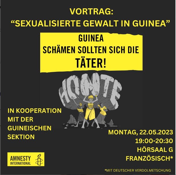 DeAmnesty's tweet photo. 2/2 Heute geht es weiter nach #Köln. Hier habt ihr die Gelegenheit, Souleymane Sow bei einer Veranstaltung von @AmnestyHSGCGN zu sexualisierter Gewalt in #Guinea zu  treffen. Seid dabei und erfahrt mehr über die internationale Menschenrechtsarbeit! #OneAmnesty https://t.co/7HtvlzHgf5