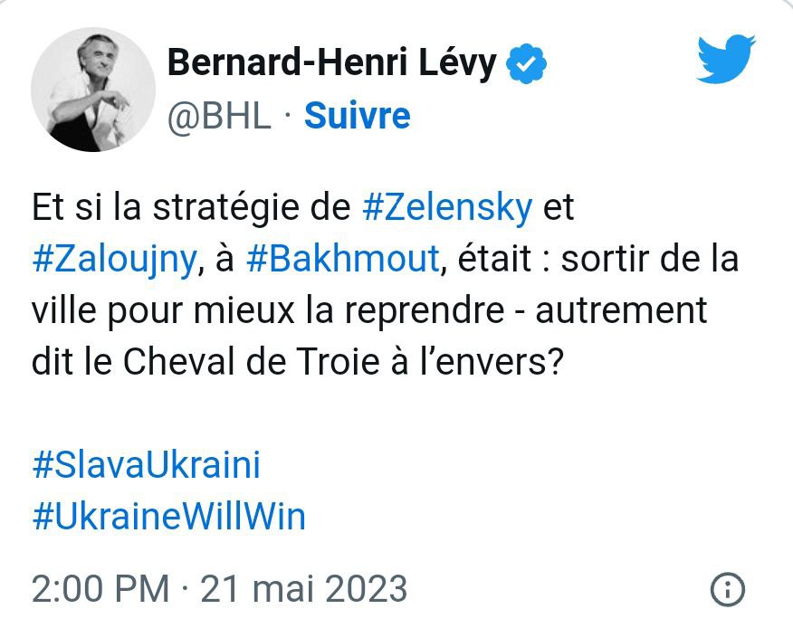 BHL est aussi doué en stratégie militaire qu'en philosophie et cinéma. 😂😂😂

#Zelensky #Bakhmut

➡️ Telegram : t.me/KimJongUnique