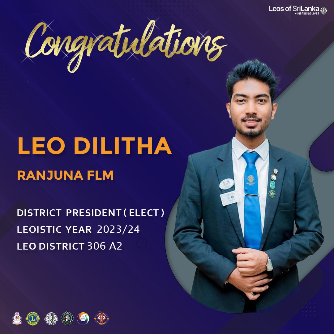 RahulaLeos's tweet photo. Us Rahula Leos extend our heartiest congratulations to the newly elected District President of Leo District 306 A2, Leo Dilitha Ranjuna.

We are very proud of your achievement as a Past Rahula Leo 💙🧡. We wish you all the very best for the next Leoistic year. https://t.co/n3wcFaIjHZ