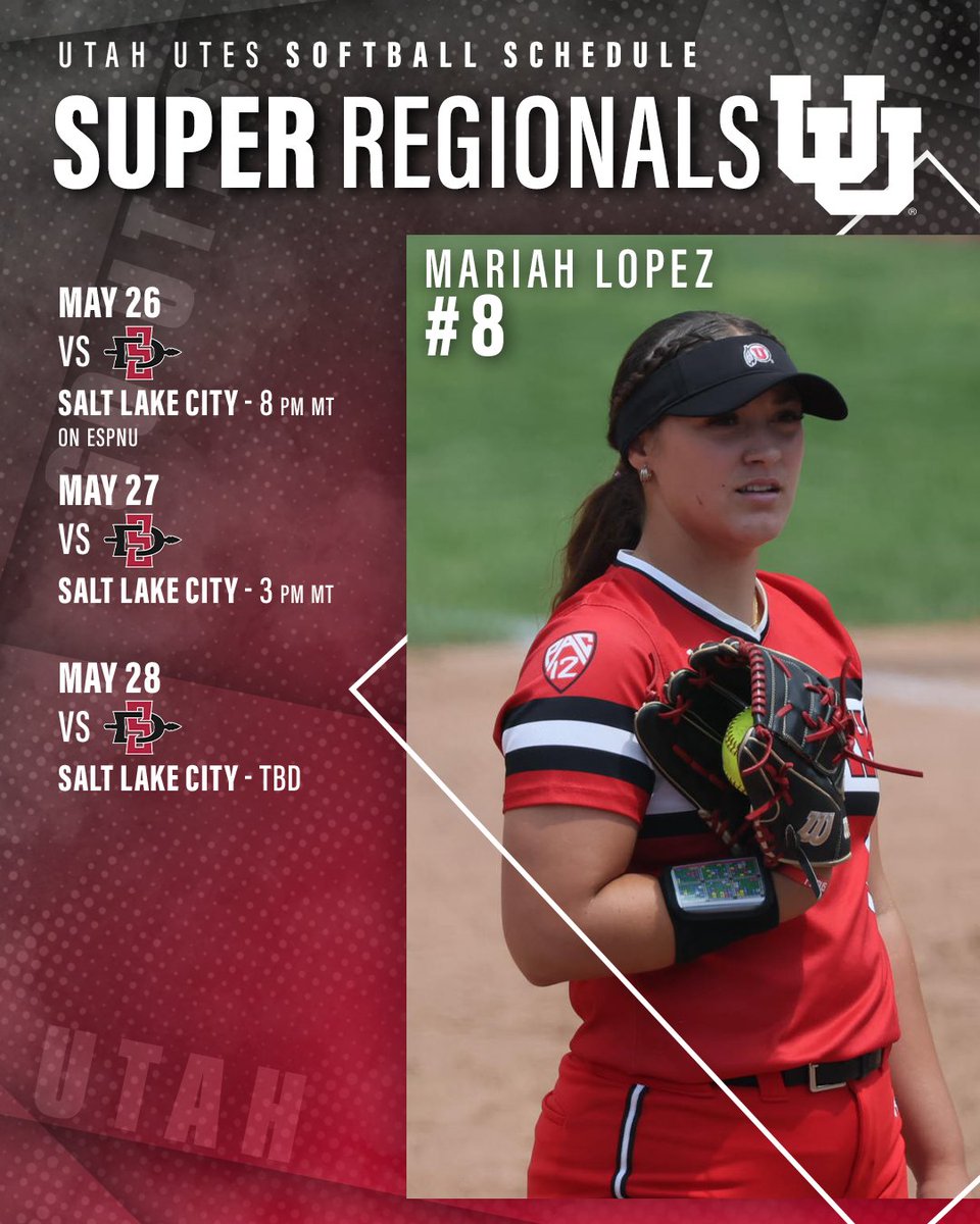 The schedule for supers is set! Be sure to get your tickets now to watch the Utes take on the Aztecs for a spot in the Women's College World Series! 🎟: utahtickets.com/softball/ #GoUtes