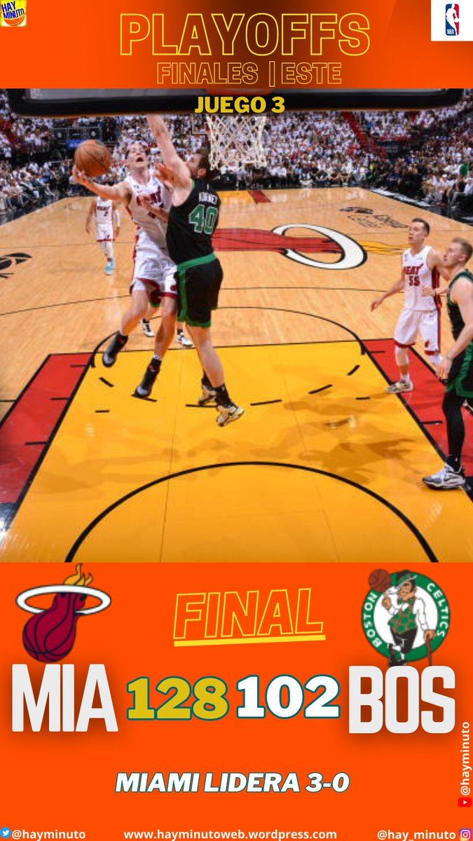 #NBAPlayoffs [FINAL]
Paliza de #HEATCulture (128) (3) ante #Celtics (102) (0) 

➡️Miami a un juego de barrer la serie de la Conferencia Este!

➡️Juego 4 Martes 23/5

#2 Gabe Vincent 29pts 
#55 Duncan Robinson 22pts 
#16 Caleb Martin 18pts 

#0 Jason Tatum 14pts 

#NBAFinals 
#NBA