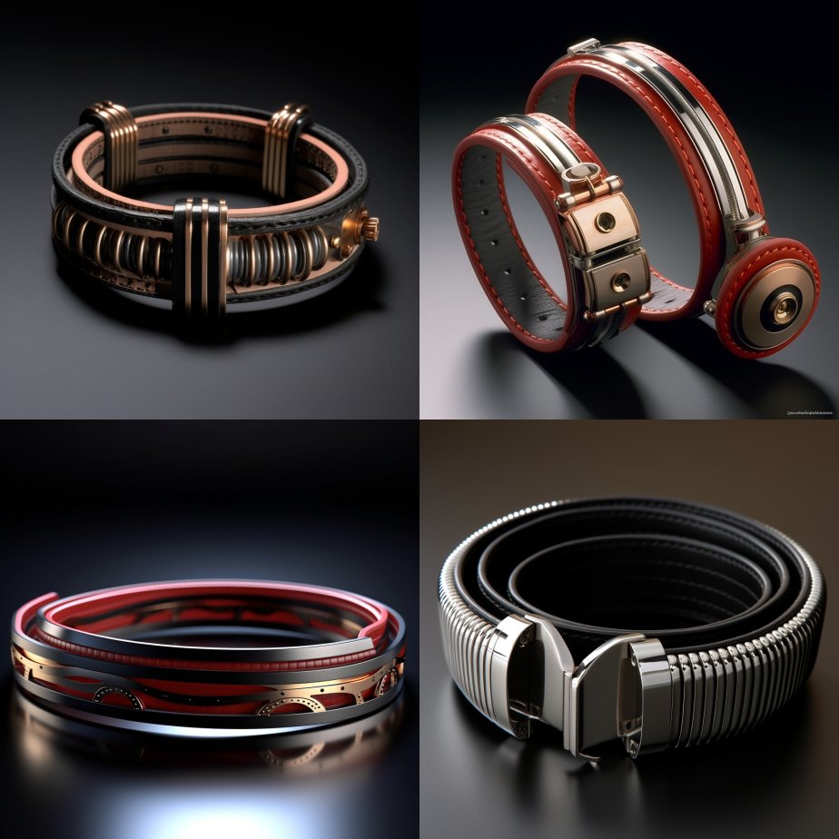 MidjourneyFails's tweet photo. Or, maybe you want to design new belts? Try out this type of prompt. These could become new bracelet designs too.

Prompt: a flexible belt with movable magnetic coil pair set on it. https://t.co/7FHdi9QCE4