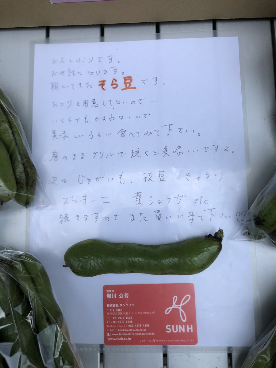朝どれそら豆販売会スタート！
２つ実が多いけど中身は大きくて美味しい。新鮮なうちに食べてみてください😊
お釣りが用意してないのでいくらでもオケ…って😂
#企業公式夏のフォロー祭り
#企業公式相互フォロー