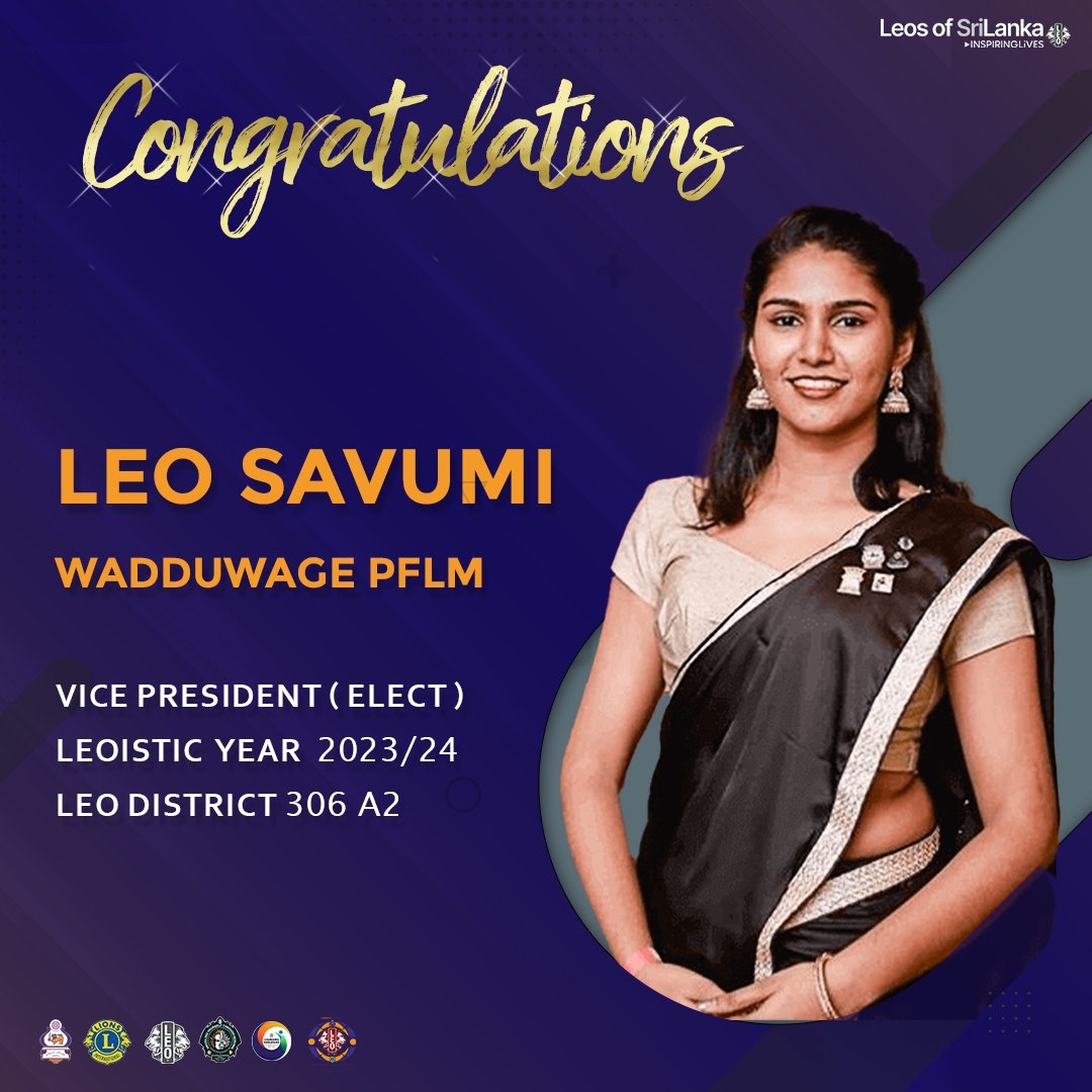 RahulaLeos's tweet photo. Us Rahula Leos extend our heartiest congratulations to the newly elected District Vice President of Leo District 306 A2, Leo Savumi Wadduwage.

We wish you all the best for the next Leoistic year and we are looking forward to work with you in the future as well. https://t.co/dmbyotT1e4