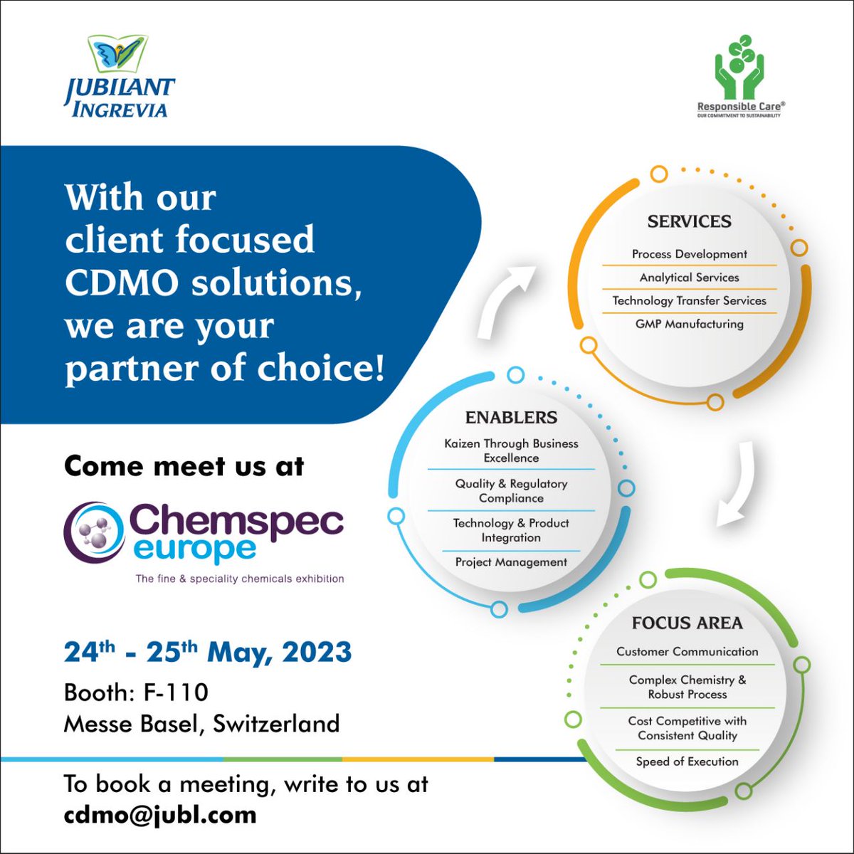 ingrevia's tweet photo. With out client focused #CDMOsolutions we are your partner of choice!
Come, meet us at #ChemspecEurope
24th-25th May '23
Booth No. F-110
Messe Basel, Switzerland
To book a meeting please write to us at cdmo@jubl.com
#Chemspec #CDMOServices #JubilantIngrevia #Jubilant #Ingrevia https://t.co/0ivlmJmwlq