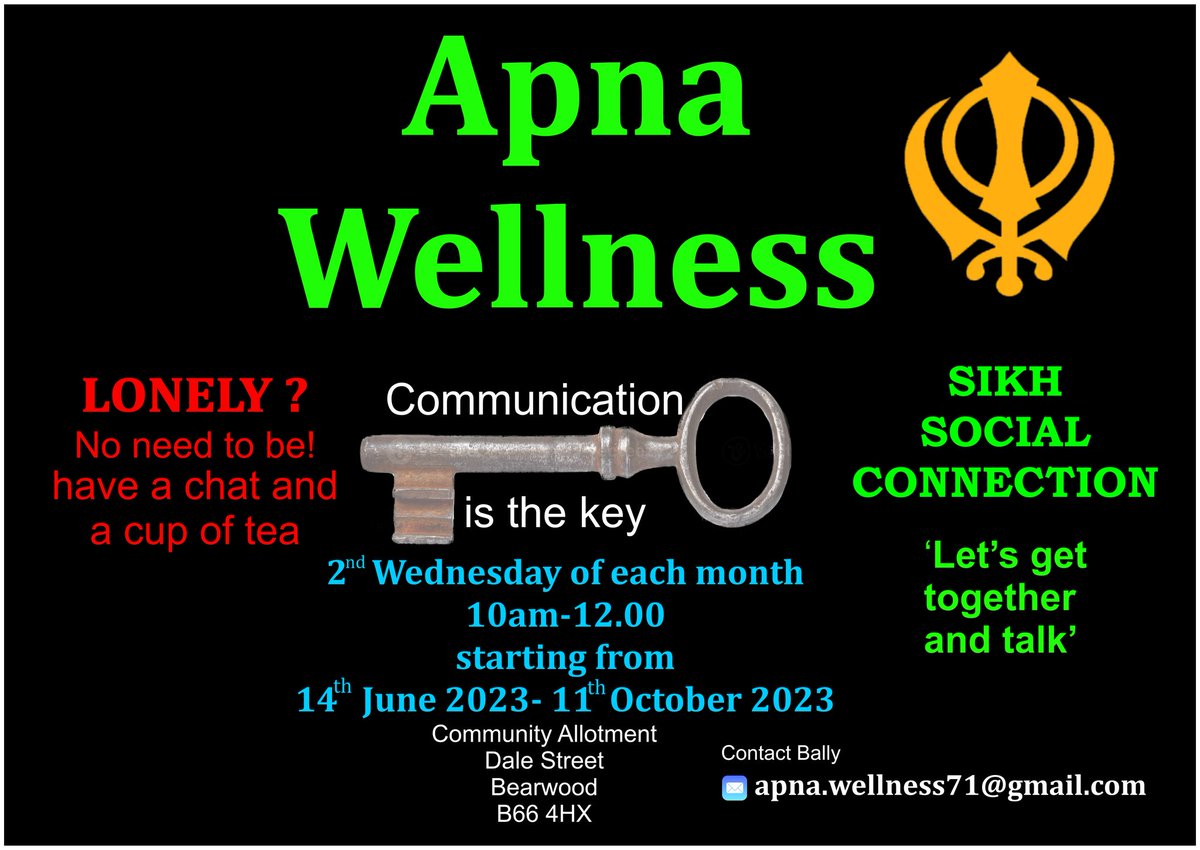 apnawellness1's tweet photo. Hi everyone

My new group has now started...

Apna wellness
Sikh... social ..connection

Lets get together and talk...
Alone?
No need to be!
Come along and see...
Have a chat and a cup of tea...
Communication is the key!

More information email Bally
apna.wellness71@gmail.com https://t.co/1TWe9nZpb8