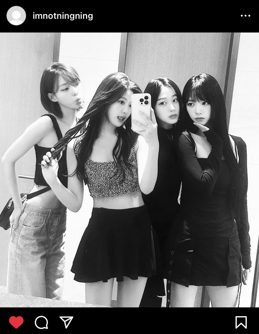 aespa’s instagram username:

Karina: _ri__na____
Giselle: aerichandesu
Winter: Im__winter
Ningning: imnotningning