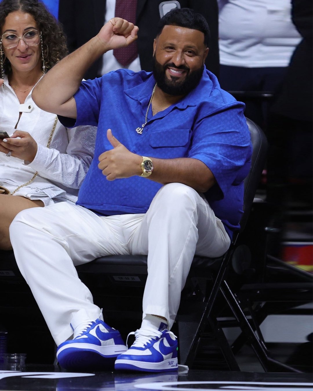 Golfer, producer, and DJ, @djkhaled brought out the blue Louis Vuitton x  Nike Air Force 1s courtside at the Miami Heat playoff game 🔥🔵