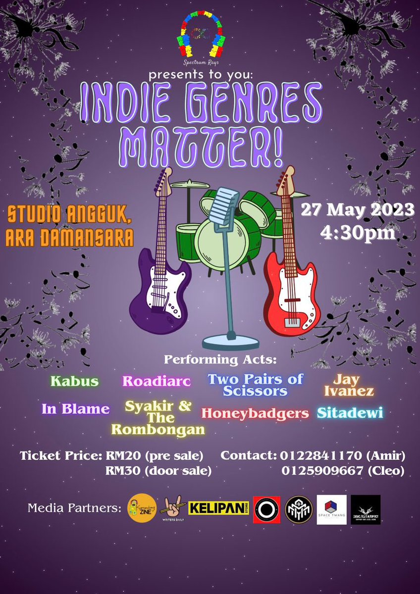 Salam Jedaq-jeduq!

Jemput datang ke acara 👇🏻

27/5/2023 @studioangguk 

Ada banyak gila line up yang best best dan ticket bermula dari harga Rm20 (Pre sale)

Kalau anda berminat untuk beli tiket boleh hubungi nombor di poster atau DM @spectrumrays_gigsmy 

Jumpa korang di sana!