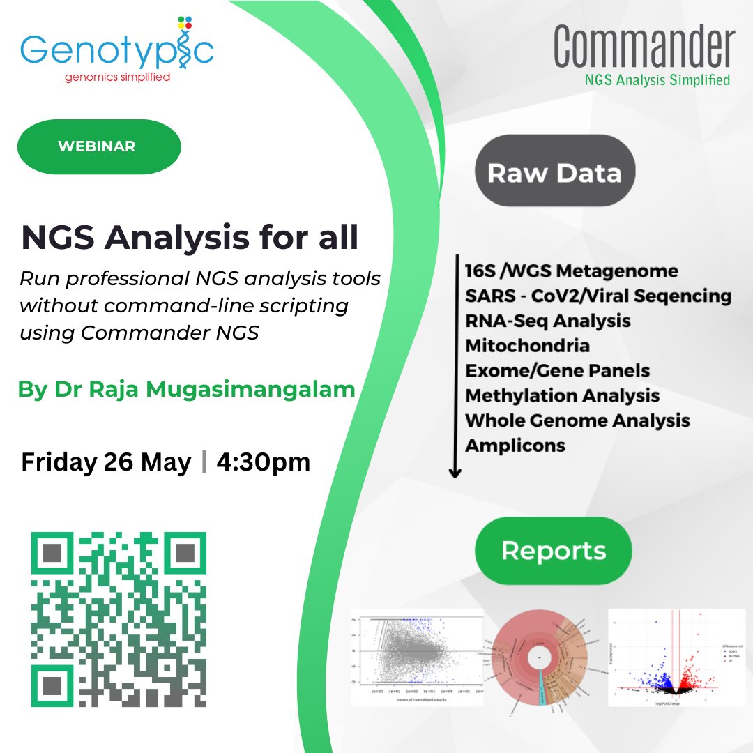 GenotypicTech's tweet image. 📢 4 more days to go! 🌐
🎉 Join us for an enlightening and interactive webinar on &quot;NGS For All&quot; - using Genotypic Technology’s sequence analysis software, Commander NGS Version 2 🗓️ 26th May ⏰ 4:30pm.
#webinar #commanderngs #analysis #ngs #genomics