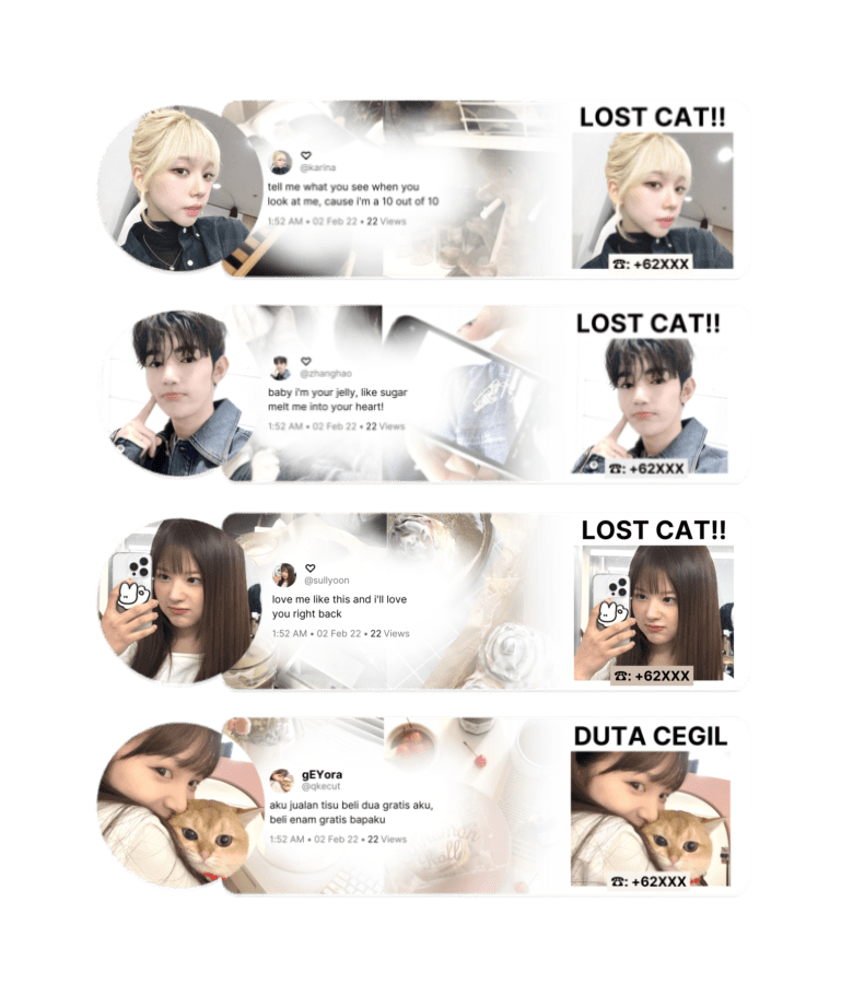 [help rt? thank you]

morning menuju siang everyone, seven mau adain clearance sale khusus layout ready stock di bawah ini! from 5k to 3.5k only (free retext), get yours now! <3

avail: hyewon, karina, sullyoon