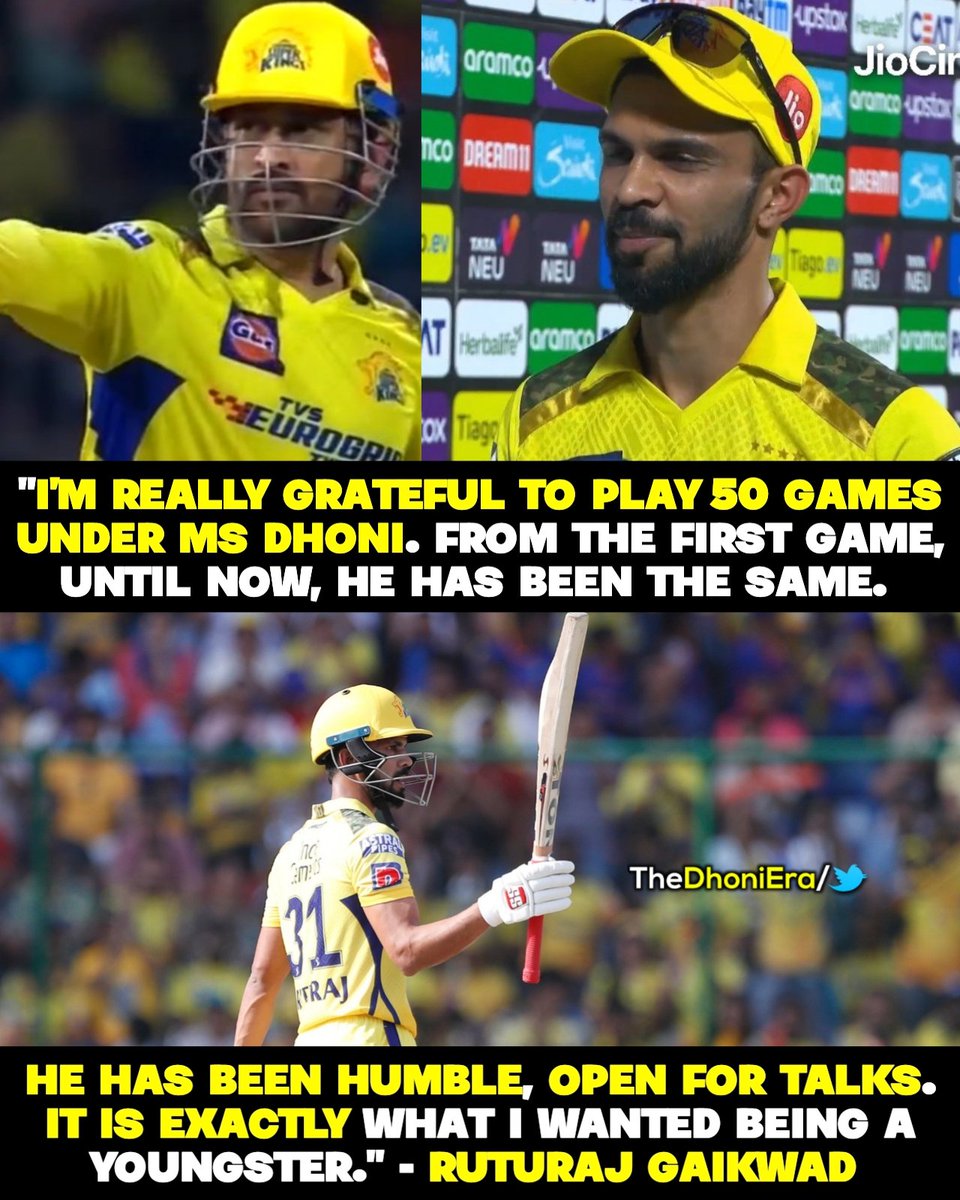 TheDhoniEra's tweet photo. "Grateful to play 50 games under MS Dhoni". - Ruturaj Gaikwad 🦁💛

@MSDhoni #IPL2023 #WhistlePodu https://t.co/QtcNYG5ZuA