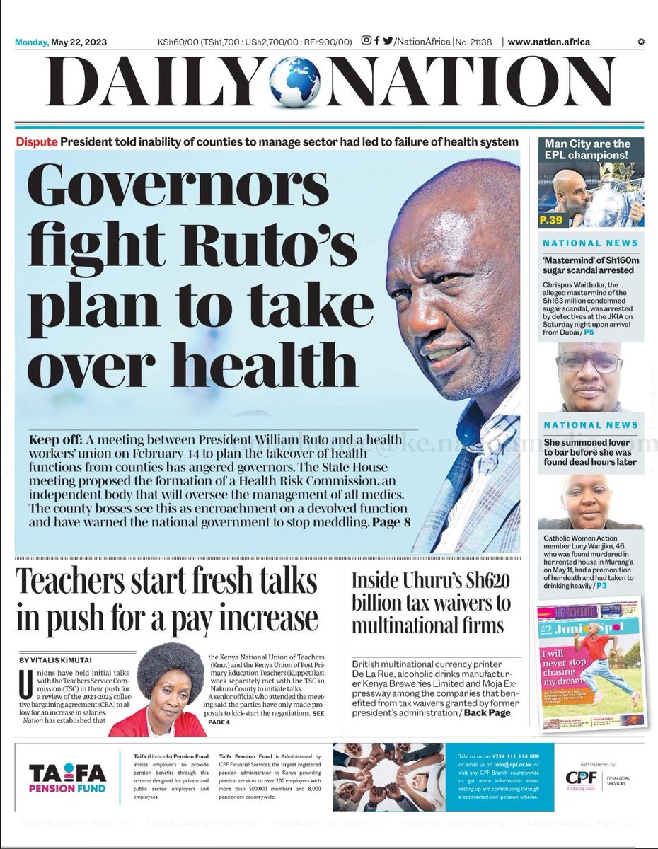 Dr_AustinOmondi's tweet photo. TODAY IN THE DAILIES.ποΈ
The President @WilliamsRuto is right to want take over health. All medics should be handled by the national government. We fully support Dr.William(CIC) in this. https://t.co/AenLuVv4CY