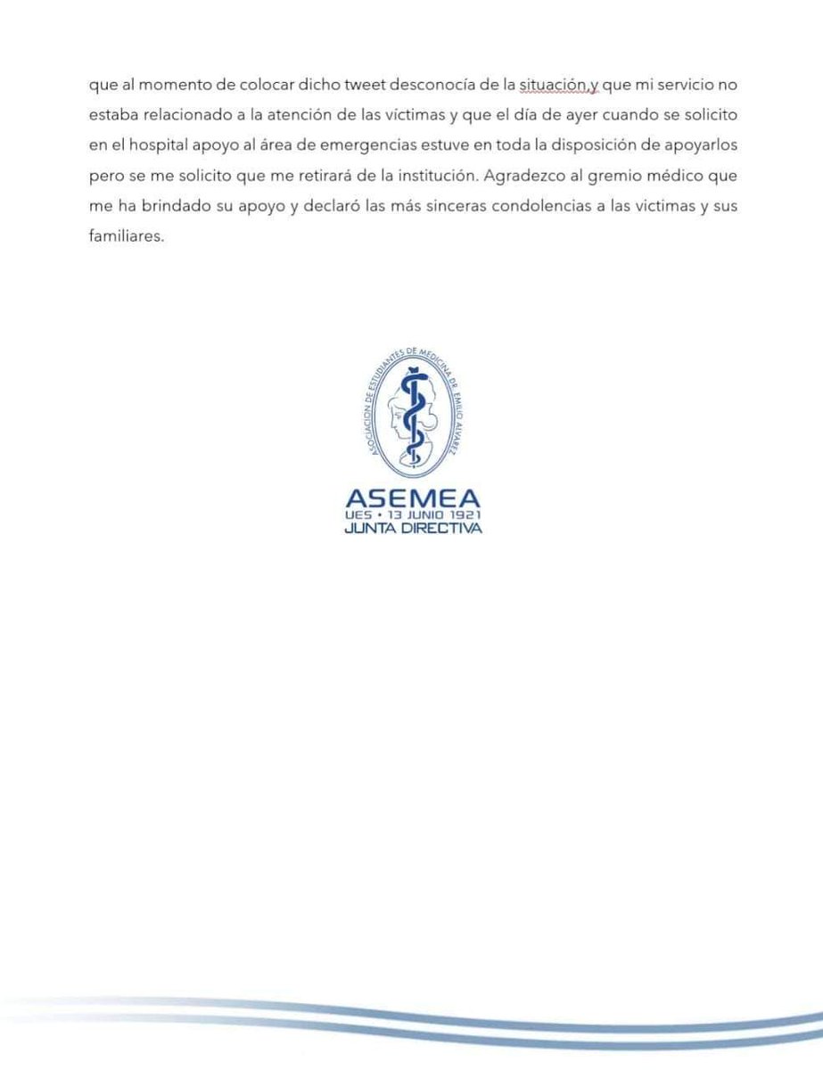 NoticieroHechos's tweet photo. La Asociación de Estudiantes de Medicina "Dr. Emilio Álvarez" de la @UESoficial compartió un comunicado de la Dra. Beatriz Monteagudo, con respecto a los tweets que publicó la noche del sábado 20 de mayo en relación a la emergencia por el evento deportivo. https://t.co/jdjJIXVgRV