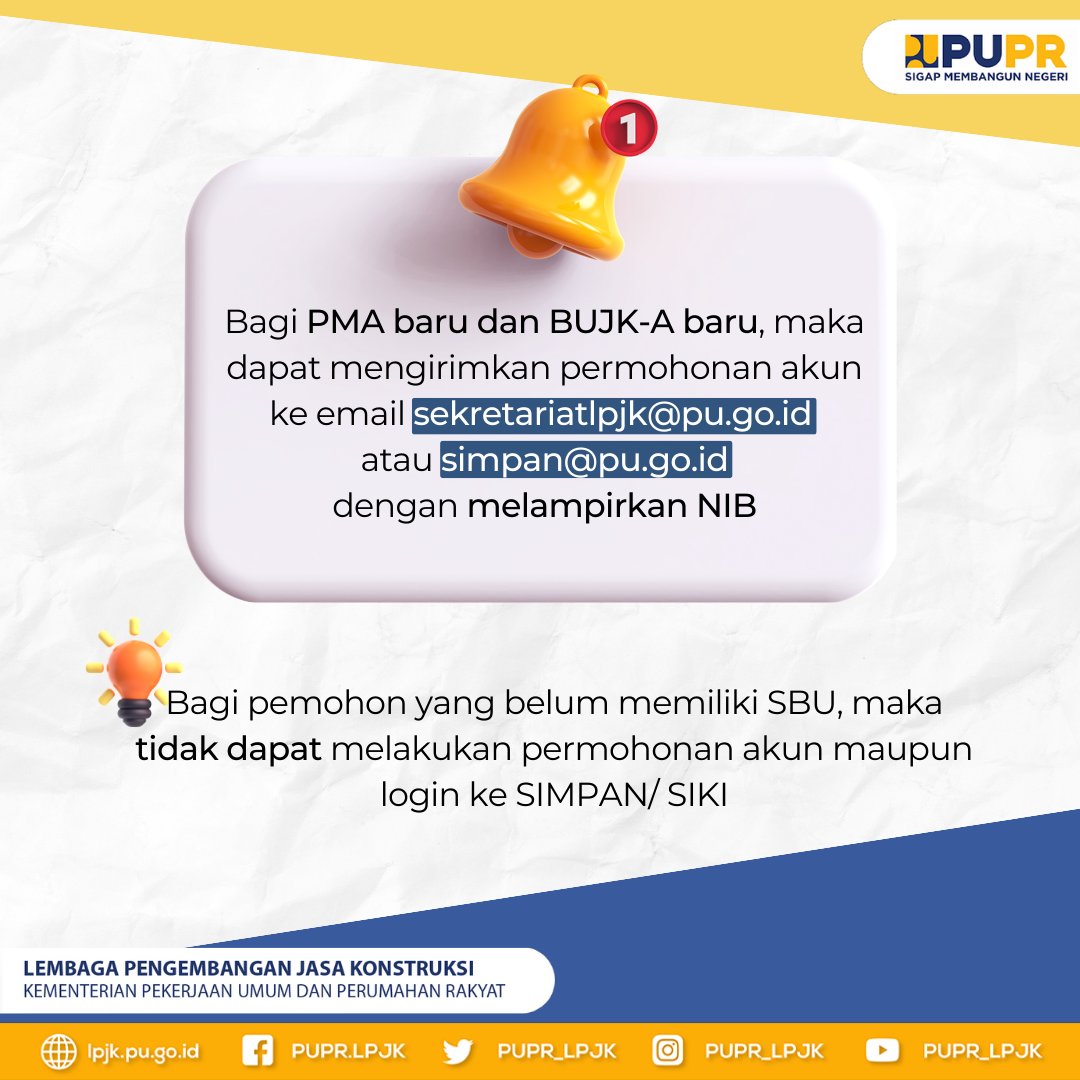 PUPR_LPJK's tweet photo. Bagi #sahabatpupr sekaligus Badan Usaha Jasa Konstruksi (BUJK) yang ingin melakukan pencatatan pengalaman namun masih bingung tata cara login e-SIMPAN, silahkan simak informasi berikut 😊 https://t.co/9Kze6oeF68