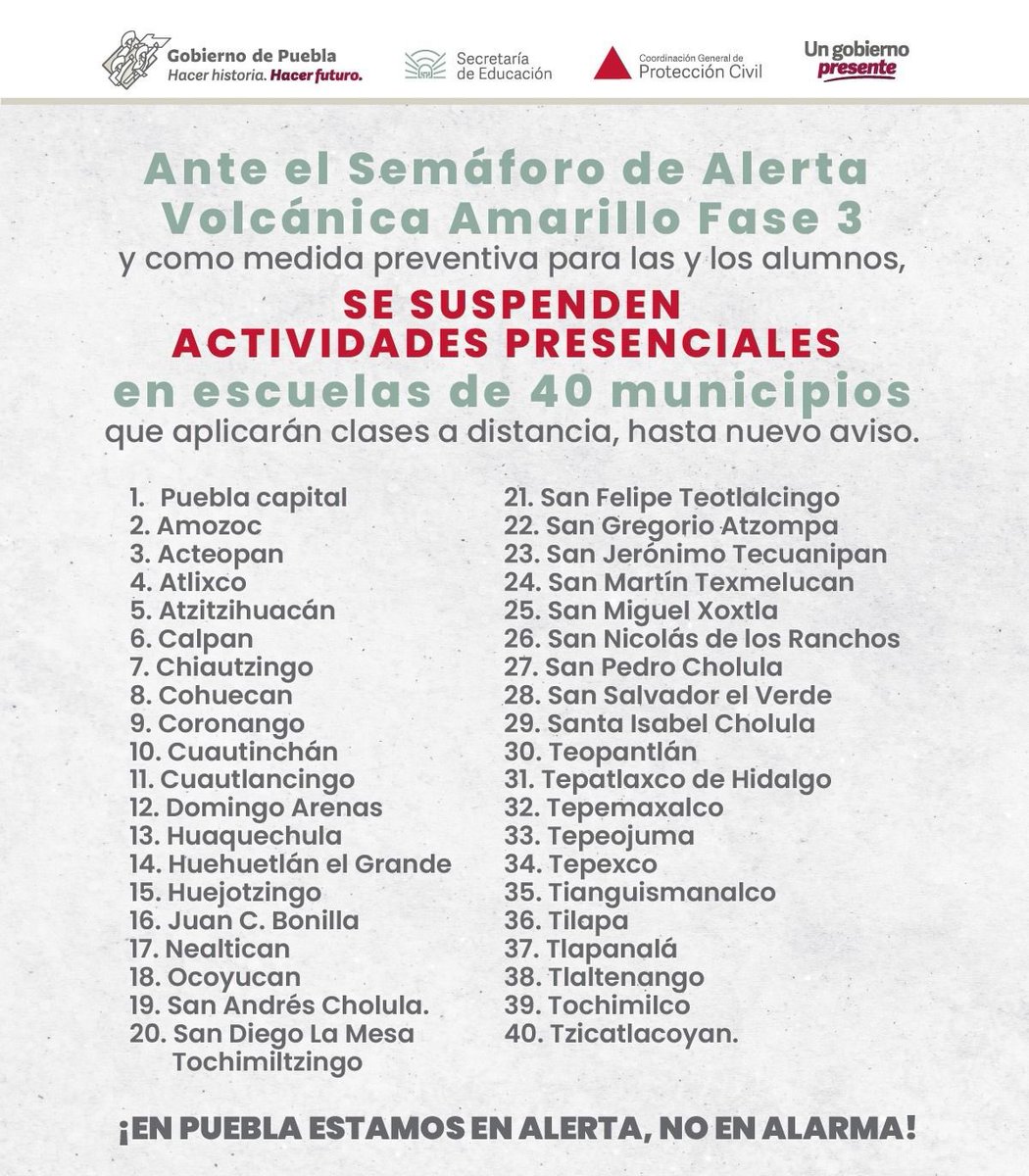 ce_augusto_17's tweet photo. #ULTIMAHORA | Se suspenden actividades presenciales en escuelas de todos los niveles en 40 municipios.

#Puebla #Popocatépetl
@SergioSalomonC https://t.co/5u31slVbnw