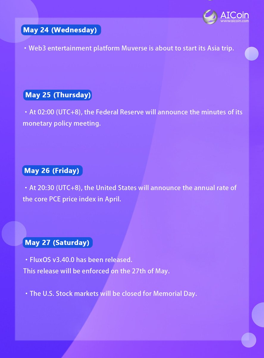 AiCoincom's tweet image. 🗓️#Crypto preview this week:
--#Muverse is about to start its Asia trip. 
--#FluxOS v3.40.0 will be enforced.

#PLSX #BRC20 #100x