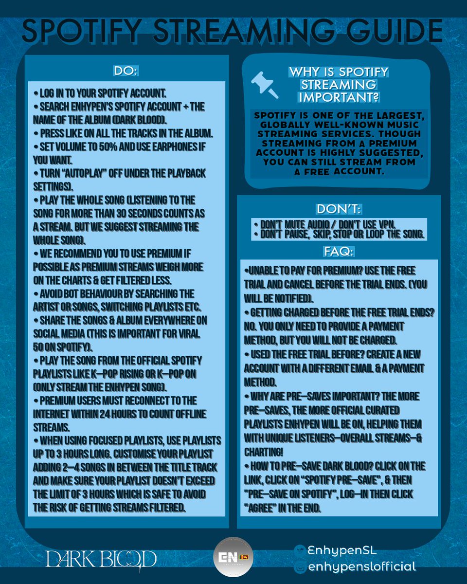 [SPOTIFY STREAMING GUIDE]

DARK BLOOD WILL BE OUT TODAY AT 14:30! AS WE ALL ARE EXCITED IN THE WAITING ROOM, PLEASE TAKE SOME TIME TO READ THIS CAREFULLY ENGENE. [Refer to the template..]

©𝐄𝐧𝐡𝐲𝐩𝐞𝐧𝐒𝐋 

<a href="/ENHYPEN_members/">ENHYPEN</a> <a href="/ENHYPEN/">ENHYPEN OFFICIAL</a> #ENHYPEN #엔하이픈 #エンハイプン