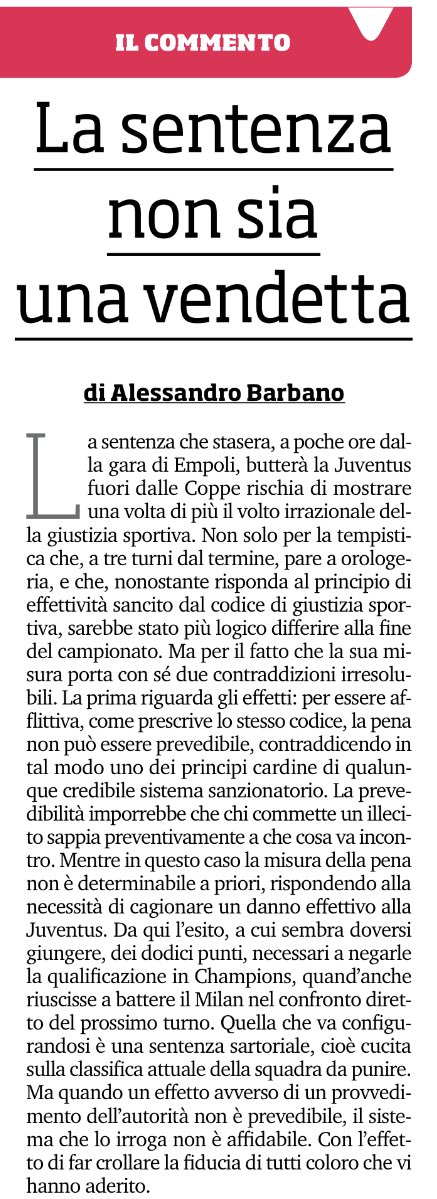 cintrieri's tweet photo. Il commento più sensato ed impeccabile sulla sentenza contro la #Juventus lo scrive ⁦@alebarbano⁩ ( capita spesso). Utile per spiegare il principio di stretta legalità e prevedibilità della pena ( oltre che il fallimento di un sistema giudiziario ) anche agli ignoranti. https://t.co/7wk9u2L0li