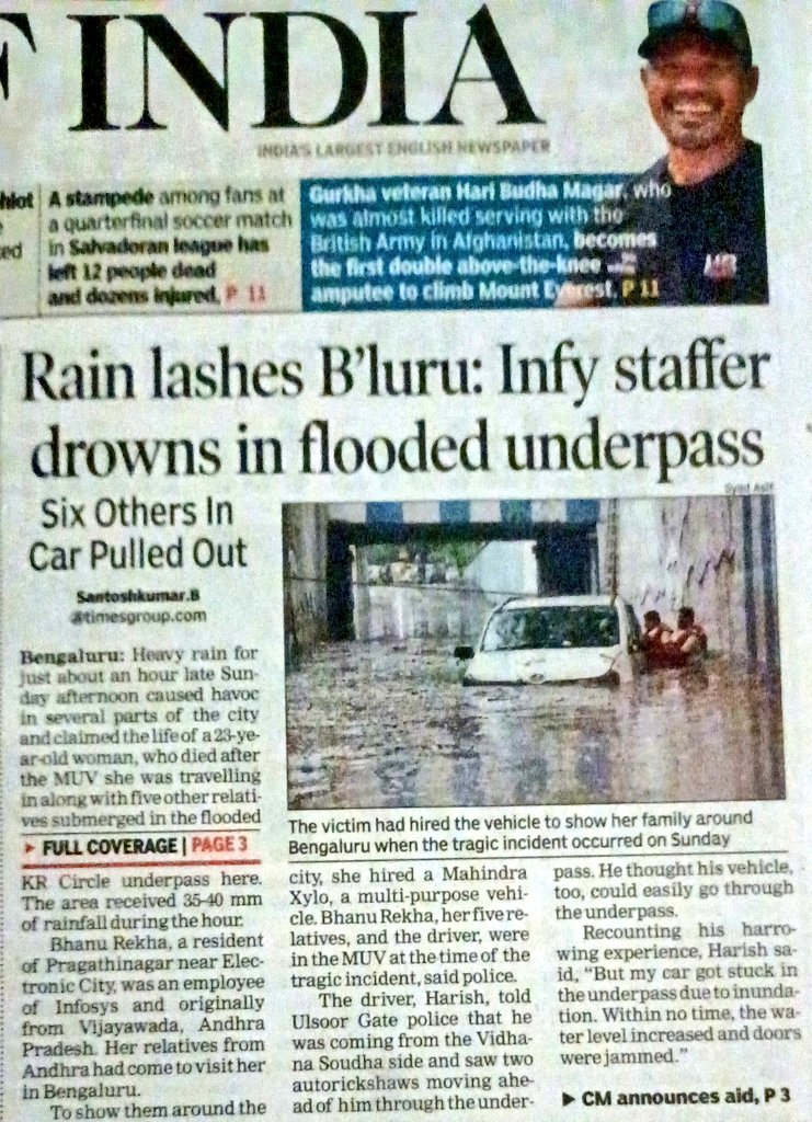 Bangalore is the silicon valley of India.  But we are talking about a death of a 22 yr old female @Infosys executive as she got stuck in a water filled underpass. All authorities and politicians have to be made accountable for her death. Court should file a suo moto murder case…