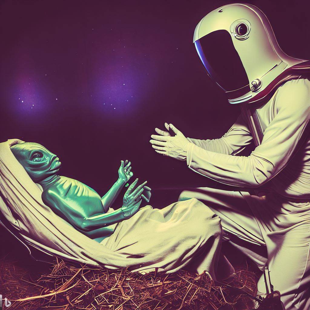 splargdotcom's tweet photo. and lo the astronaut gabriel said unto mary, you will have a son and it will be known as jeebus #bingimagecreator #aiart #generativeart #absurd #funny #alienjesus #jeebus see more at https://t.co/r3C1DzHXqT https://t.co/5AGNyGr6j3