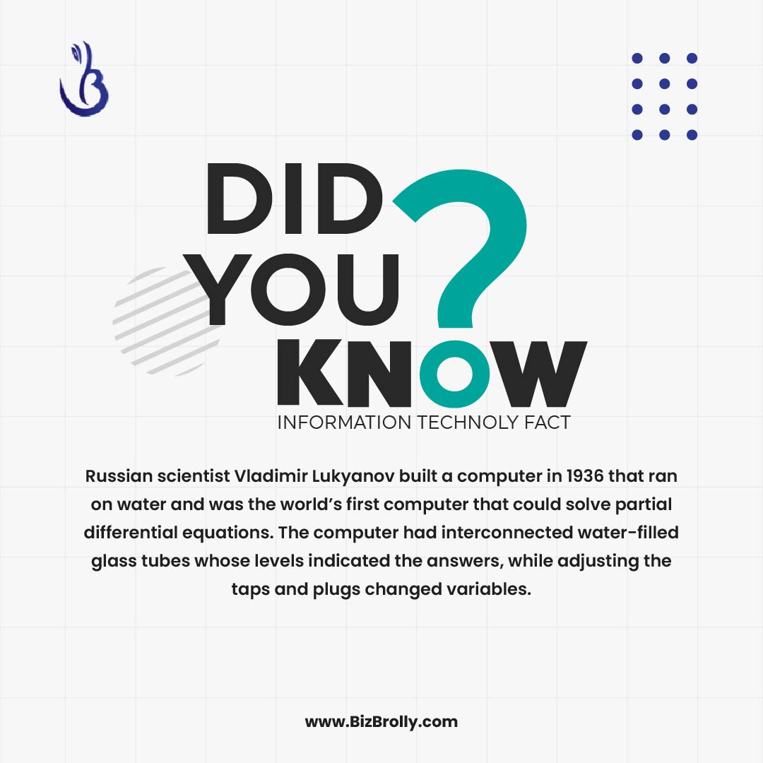 Did you know that in 1936, Russian scientist Vladimir Lukyanov built a computer that ran on water? It was the world's first computer that could solve partial differential equations!

Follow us for more interesting facts!
.
.
#BizBrolly #computer #watercomputer #technologyhistory