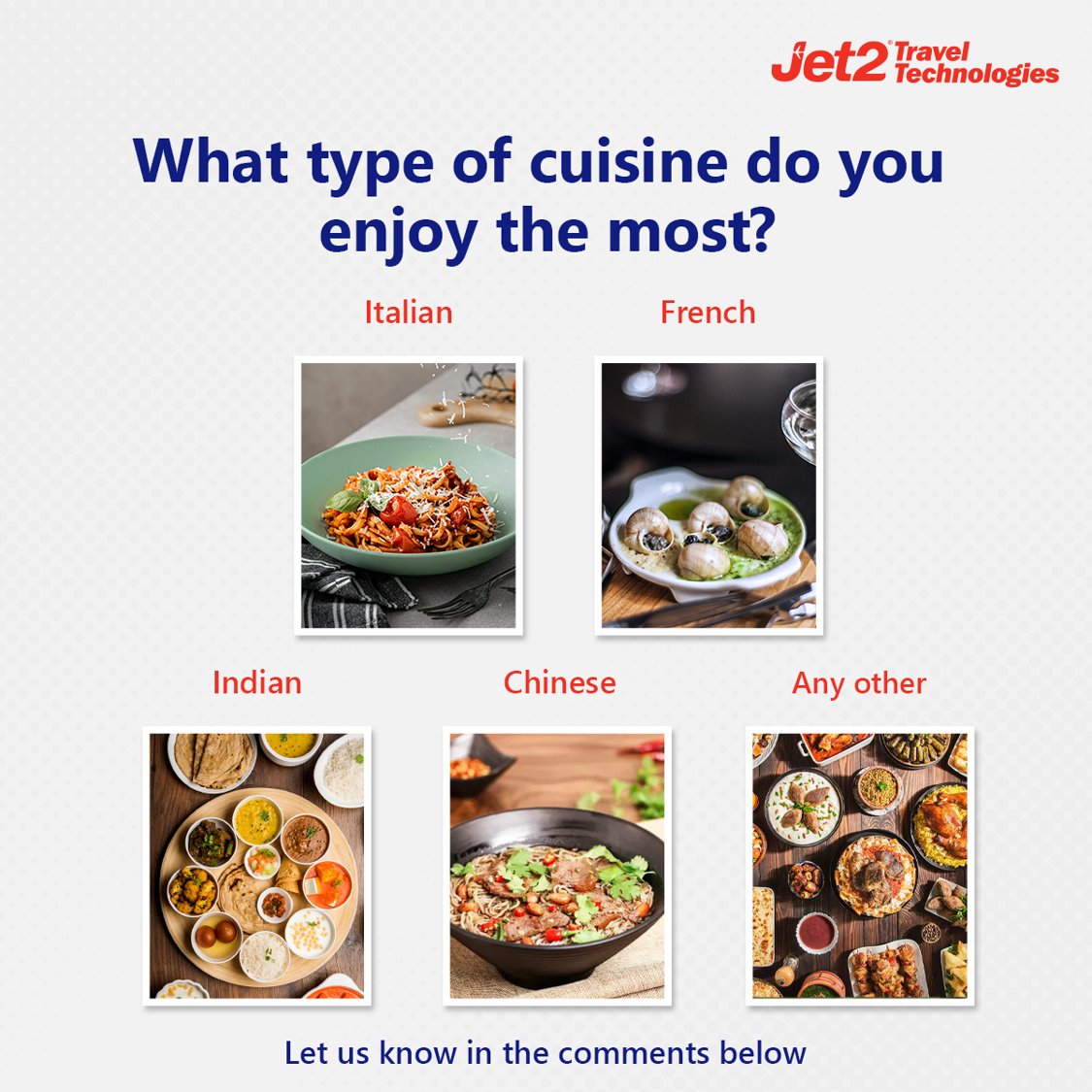 Let's talk food!
Which type of cuisine is your absolute favorite?

Share your pick with us in the comments below 🍴

#Jet2TT #Jet2TravelTechnologies #LifeAtJet2TT #PollOfTheDay #Employees #Hiring #Techhiring #Talentacquisition #Careers #Appdevelopers #JobAlert #TechJobs